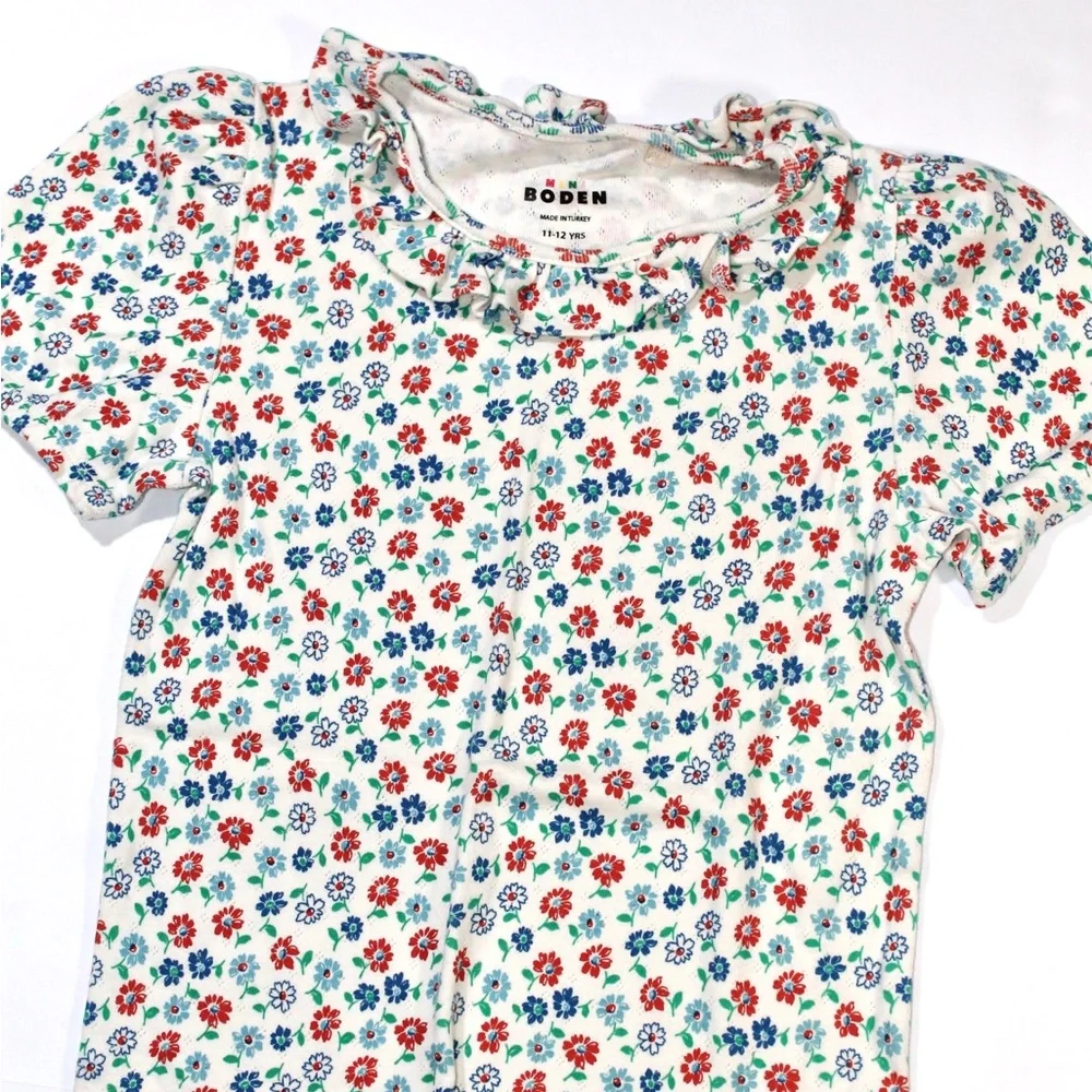 Mini Boden Cream White Short Sleeve Pointelle Tee with Red & Blue Floral Print